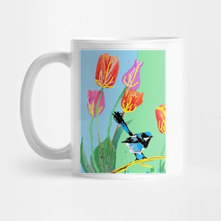 Abstract Blue Wren and Tulips Painting - on Blue and Light Green Mug